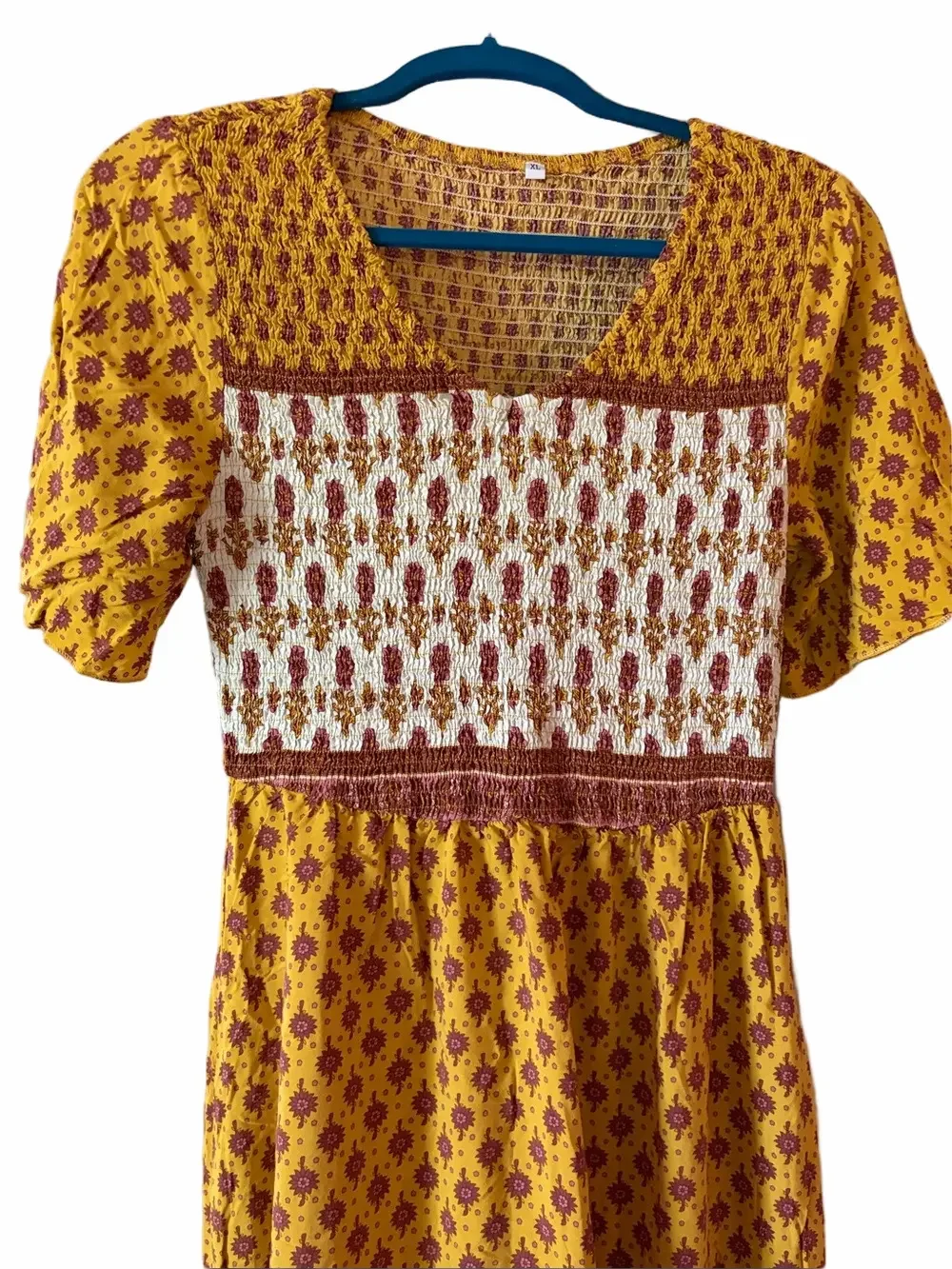 Boho, festival lightweight smocked bodice maxi dress. Gold, cream, berry. M/L
